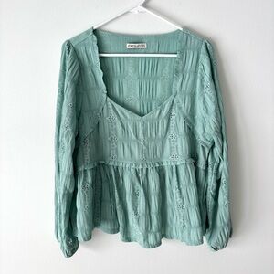 Frye & Co. Green Teal Eyelet Peplum Blouse Lace Floral Western Boho Flowy